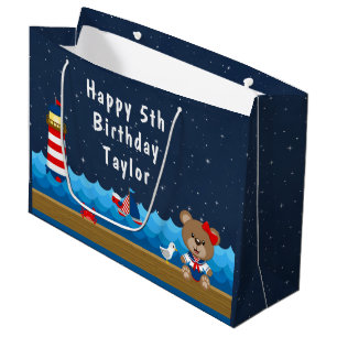 Sacola Para Presentes Grande Aniversário feliz do urso vermelho e Marinho