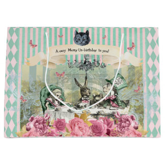 Sacola Para Presentes Grande Aniversário floral de Alice azul listrada 