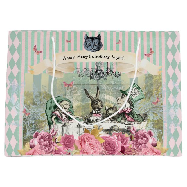 Sacola Para Presentes Grande Aniversário floral de Alice azul listrada  (Frente)