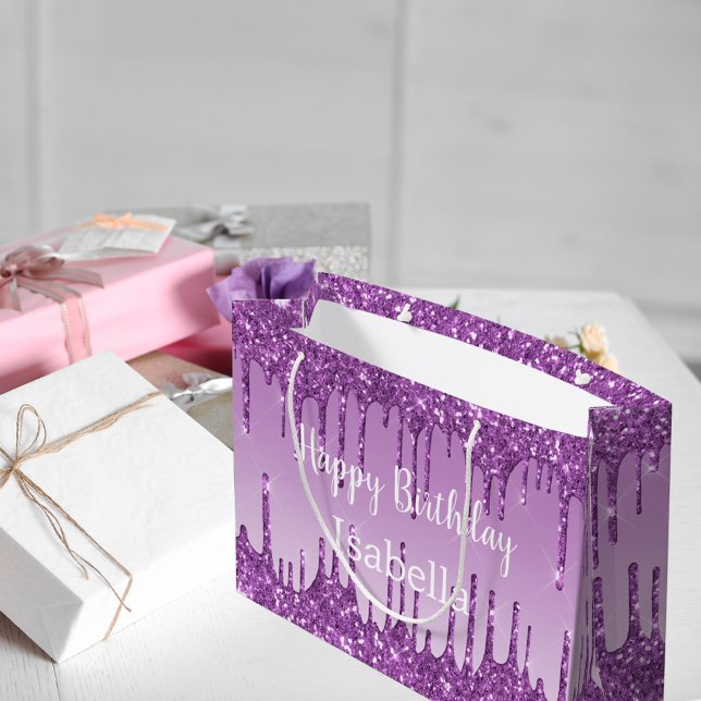 Sacola Para Presentes Grande Aniversário, glitter roxo pega nome (Criador carregado)