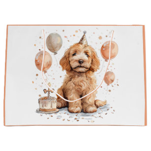 Sacola Para Presentes Grande Aniversário Goldendoodle Cog Bolo de Aniversário