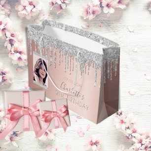 Sacola Para Presentes Grande Aniversário rosa dourado foto brilhante cor-de-ro