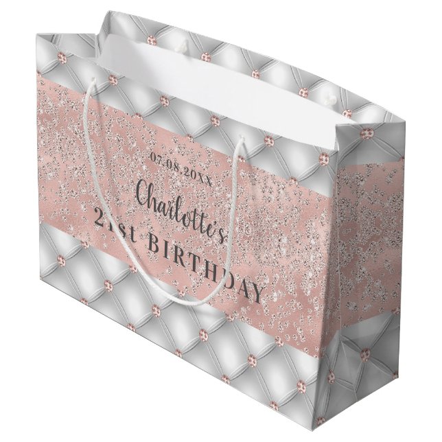 Sacola Para Presentes Grande Aniversário, rosa dourado, glamourosa, nome da bri (Verso inclinado)