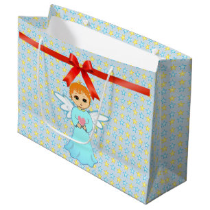 Sacola Para Presentes Grande Anjo fofo e fundo estrelado