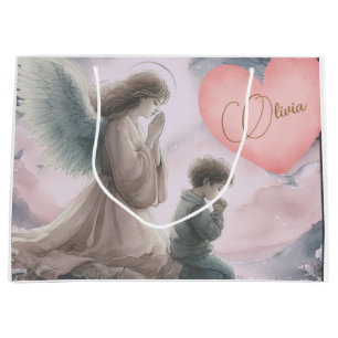 Sacola Para Presentes Grande Anjo Guardião e Criança Rezando Juntos