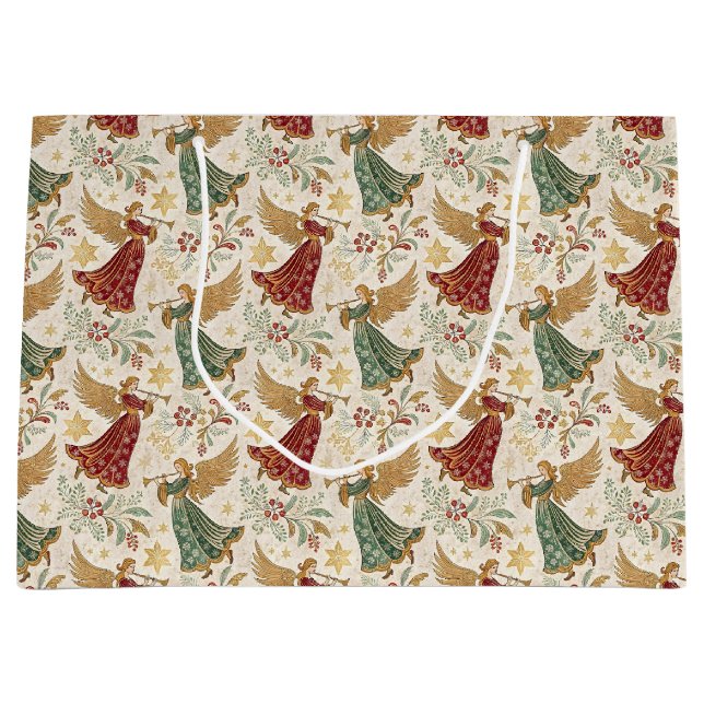 Sacola Para Presentes Grande Anjos de Natal Vintage (Frente)