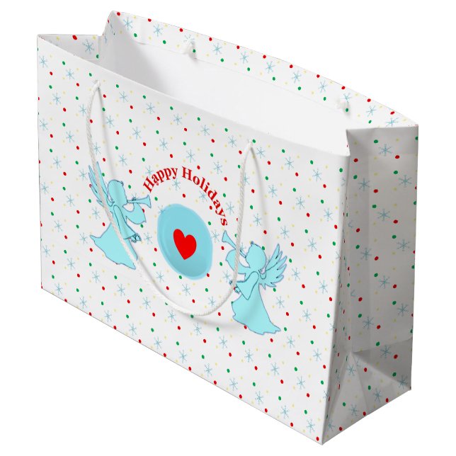 Sacola Para Presentes Grande Anjos fofos com bolinhas e flocos de neve (Verso inclinado)