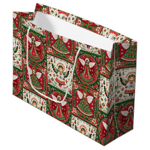Sacola Para Presentes Grande Anjos Fofos de Natal em Vermelho e Verde
