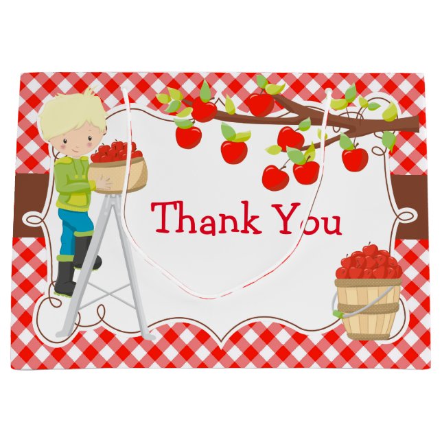 Sacola Para Presentes Grande Apple Picting Blonde Boy Festa de aniversário (Frente)