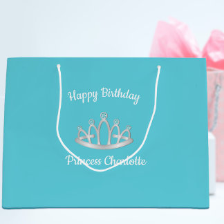 Sacola Para Presentes Grande Aqua Blue Princess Tiara Birthday Large Gift Bag