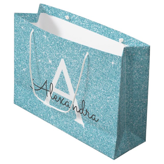 Sacola Para Presentes Grande Aqua Teal Blue Glitter & Sparkle Monograma (Frente inclinada)