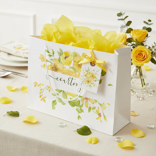 Sacola Para Presentes Grande Aquarela amarela personalizada floral