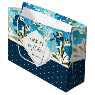 Sacola Para Presentes Grande Aquarela Azul Floral Boho Pintada à Mão