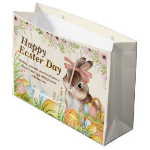 Sacola Para Presentes Grande Aquarela Coelhinho Floral com Laço de Feliz Páscoa