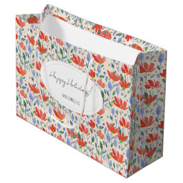 Sacola Para Presentes Grande Aquarela de Flores Silvestres em Doce Vermelho e A