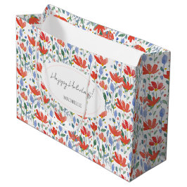 Sacola Para Presentes Grande Aquarela de Flores Silvestres em Doce Vermelho e A