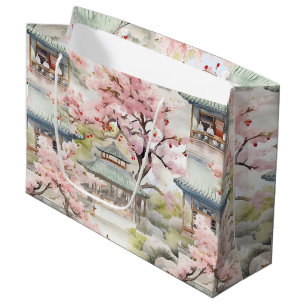 Sacola Para Presentes Grande Aquarela de Pagoda Asiática em meio às flores de c