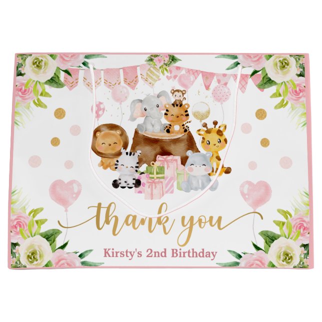 Sacola Para Presentes Grande Aquarela Selva Safari Animais Floral (Frente)