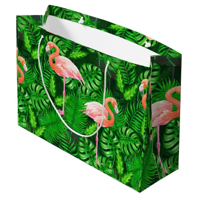 Sacola Para Presentes Grande Aquarela tropical Flamingo (Verso inclinado)