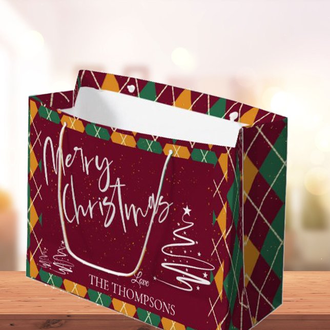 Sacola Para Presentes Grande Argyle Red Green Elegant Script Feliz Natal (Argyle Red Green Elegant Script Merry Christmas Large Gift Bag
)