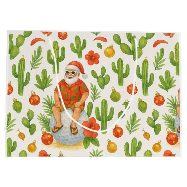 Sacola Para Presentes Grande Arizona Christmas with Cactus Santa Claus Golfer (Verso)