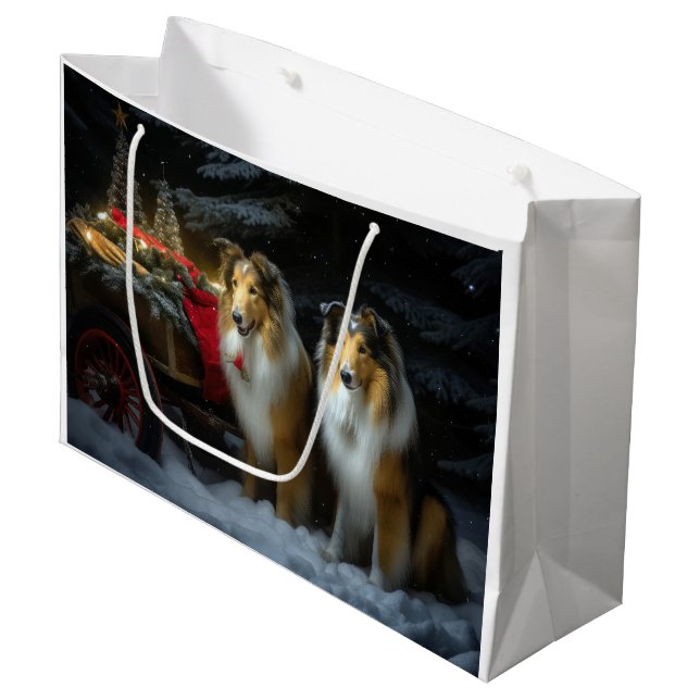 Sacola Para Presentes Grande Arranjo de Natal de Collie Snowy Sleigh (Frente inclinada)
