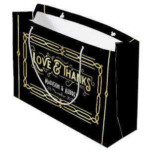 Sacola Para Presentes Grande Art Deco Casamento Amor e Obrigados Dourado Preto