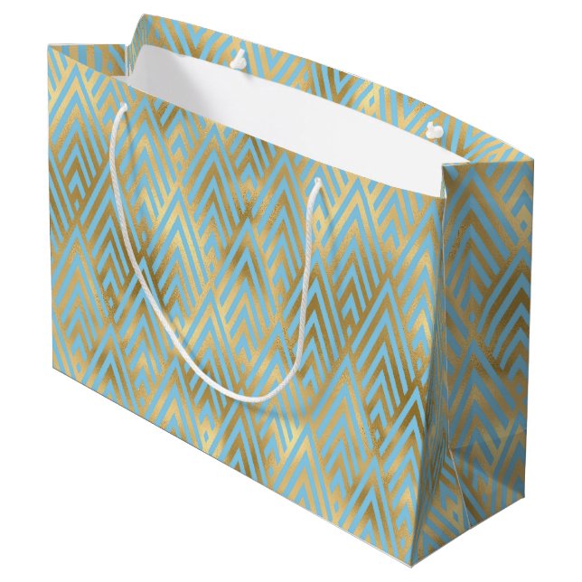 Sacola Para Presentes Grande Art Deco Diamond Patterno, Teal e Dourado (Verso inclinado)