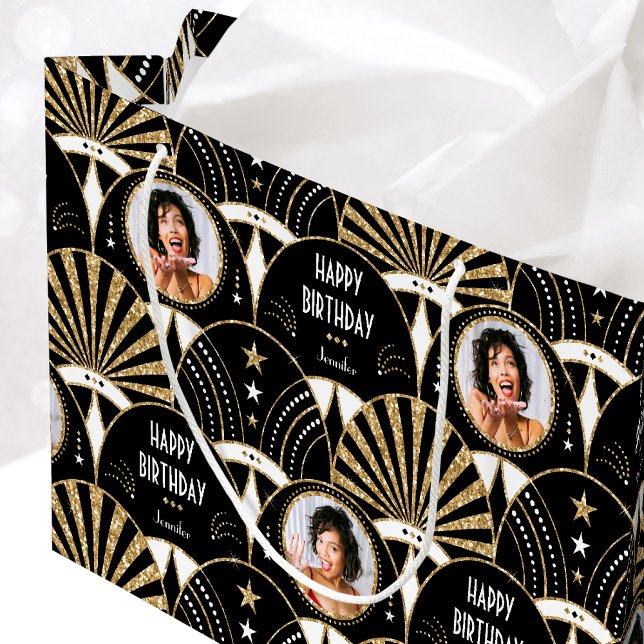 Sacola Para Presentes Grande Art Deco Fan Birthday Faux Glitter Photo Black (Criador carregado)