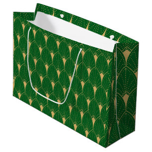 Sacola Para Presentes Grande Art Deco Ouro sem costura por padrão e verde