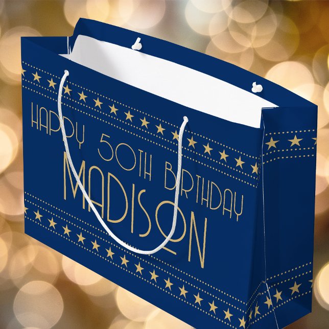 Sacola Para Presentes Grande Art Deco Star Nome da Idade Personalizada Azul Dou (Criador carregado)