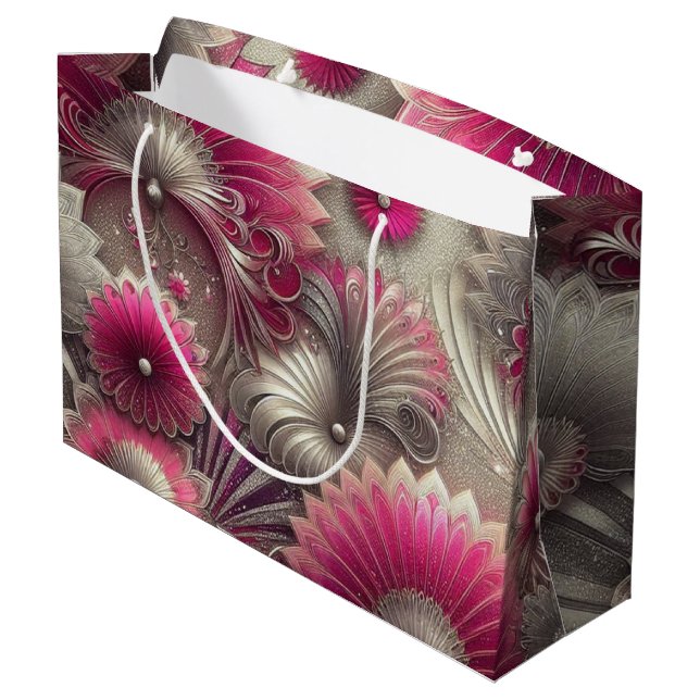 Sacola Para Presentes Grande Art Nouveau Ventiladores rosa e prateados (Verso inclinado)