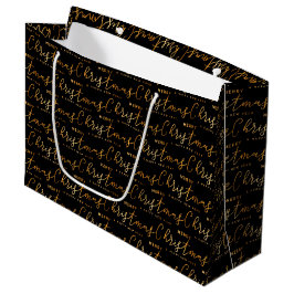 Sacola Para Presentes Grande Arte com Palavras Feliz Natal Preto e Dourado