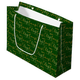 Sacola Para Presentes Grande Arte com Palavras Feliz Natal Verde e Dourado