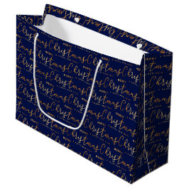 Sacola Para Presentes Grande Arte com Palavras Natal Feliz em Azul Marinho e Do