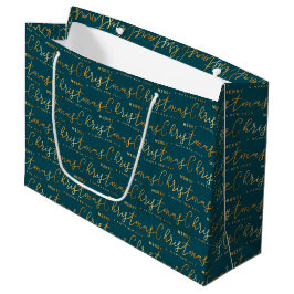 Sacola Para Presentes Grande Arte com Palavras Natal Feliz em Dourado e Azul Tu