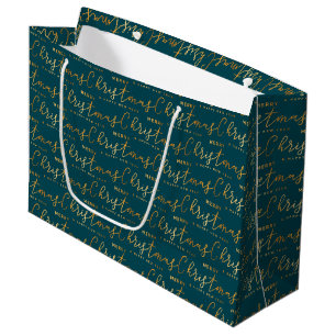 Sacola Para Presentes Grande Arte com Palavras Natal Feliz em Dourado e Azul Tu