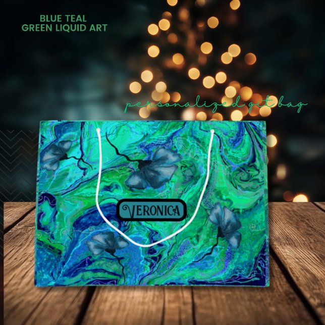 Sacola Para Presentes Grande Arte Líquida Verde Azul Moderna (Modern Blue Teal Green Liquid Art Large Gift Bag)