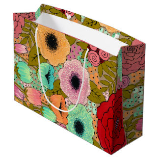 Sacola Para Presentes Grande Arte Pintada com Guache Flores Florais Jardim