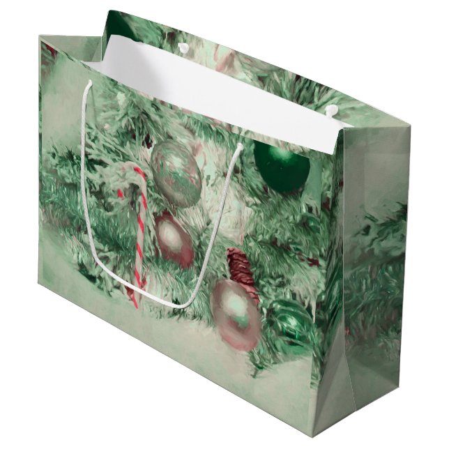 Sacola Para Presentes Grande Árvore de Férias Rosa Verde enfeites de natal (Frente inclinada)