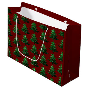 Sacola Para Presentes Grande Árvore de Natal cinza verde Padrão vermelho escuro