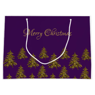 Sacola Para Presentes Grande Árvore de Natal de ouro cintilante no Natal roxo