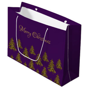 Sacola Para Presentes Grande Árvore de Natal de ouro cintilante no Natal roxo