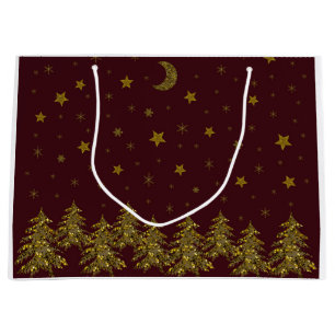 Sacola Para Presentes Grande Árvore de Natal de ouro faísca, lua, estrelas em v