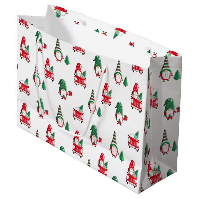 Sacola Para Presentes Grande Árvore de Natal dos Gnomos Bonitos em Carro Vermel (Frente inclinada)