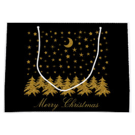 Sacola Para Presentes Grande Árvore de Natal dourada brilhante, lua, estrelas e