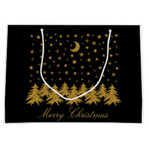 Sacola Para Presentes Grande Árvore de Natal dourada brilhante, lua, estrelas e