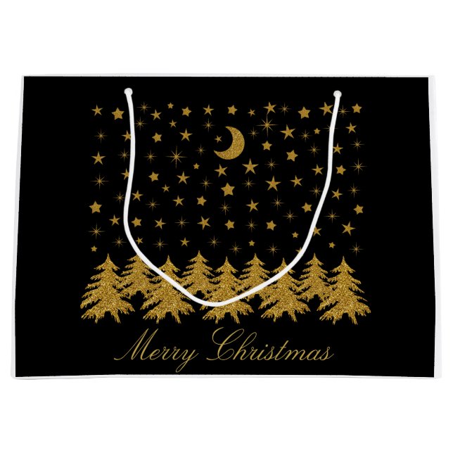 Sacola Para Presentes Grande Árvore de Natal dourada brilhante, lua, estrelas e (Frente)