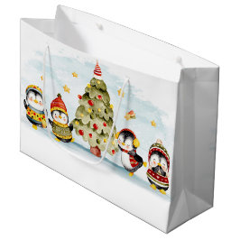 Sacola Para Presentes Grande Árvore de Natal e Pinguins Fofos