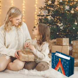 Sacola Para Presentes Grande Árvore de Natal Minimalista Vermelha e Azul Retro